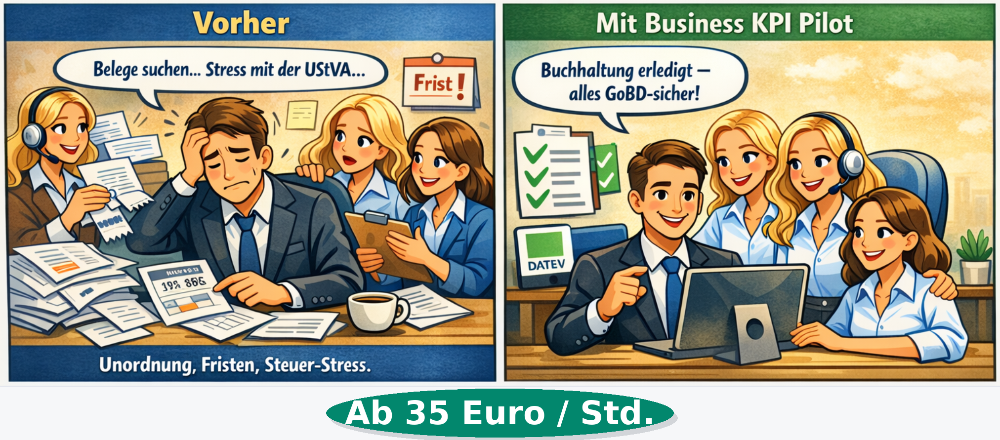 Vorher/Nachher Comic - Buchhaltung mit Business KPI Pilot